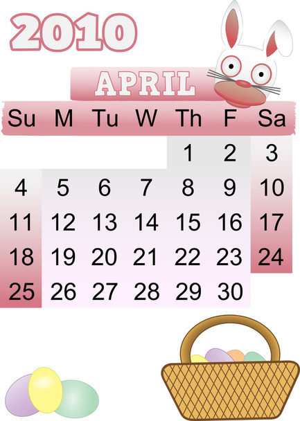 4 月のカレンダー 2010 年イースターのテーマ - ベクター画像