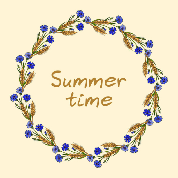 Summer floral wreath with cornflowers and ears - Vector, Imagen