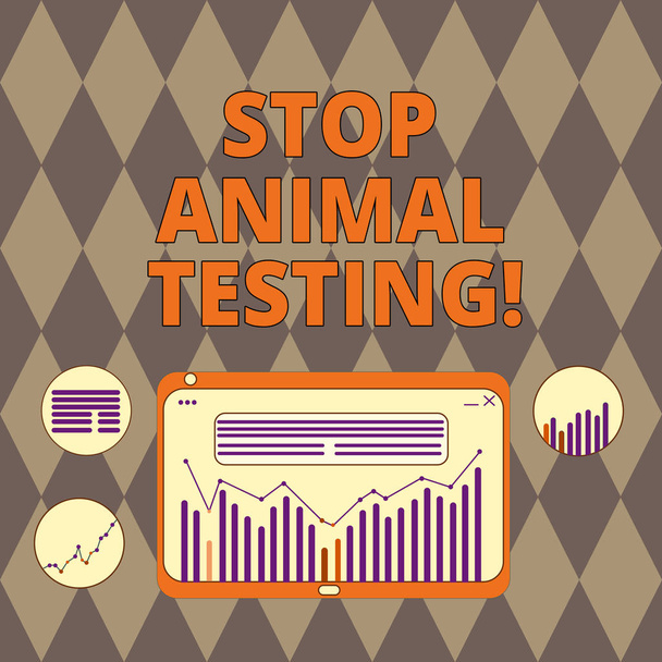 Handwriting text writing Stop Animal Testing. Concept meaning scientific experiment which live animal forced undergo Digital Combination of Column Line Data Graphic Chart on Tablet Screen. - Photo, Image