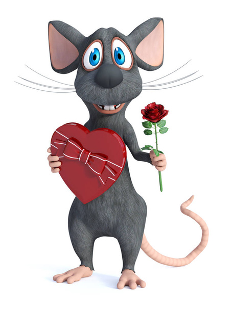3D rendering of a cute smiling cartoon mouse holding a heart shaped chocolate box in one hand and a red rose in the other hand. He is ready for a romantic valentine's date. White background. - Photo, image