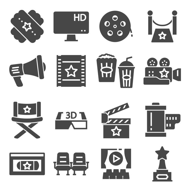 Conjunto de iconos vectoriales de cine y entretenimiento con cine, tira de película, palomitas de maíz, video clip, gafas 3d y más
 - Vector, imagen