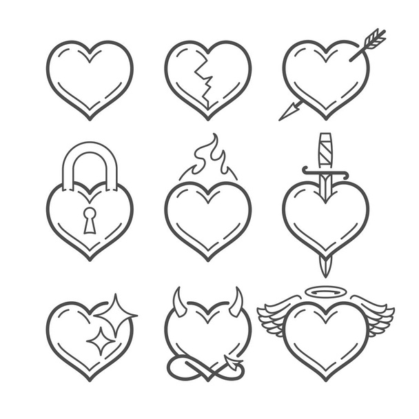 Набір лінійного мистецтва векторні серця з різними елементами ізольовані на білому. Піктограми мистецтва лінії серця
.  - Вектор, зображення