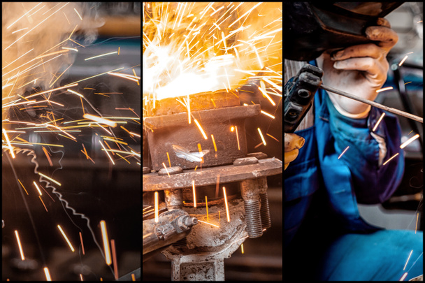 Un collage de cuatro fotos: un primer plano el hombre soldador suelda el metal con una máquina soldadora, las chispas de corte vuelan en diferentes direcciones
. - Foto, imagen