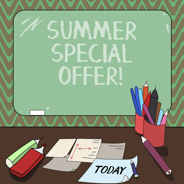 Conceptual hand writing showing Summer Special Offer. Business photo showcasing product or service that is offered at a very low price Mounted Blackboard with Chalk Writing Tools Sheets on Desk. - Photo, Image