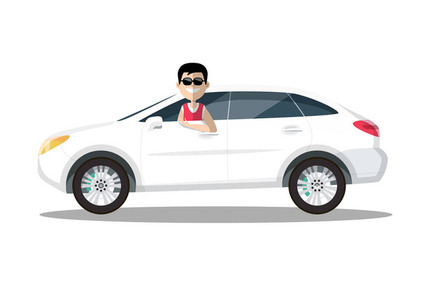 Glimlachende Man in zonnebril rijden auto vectorillustratie geïsoleerd op witte achtergrond - Vector, afbeelding