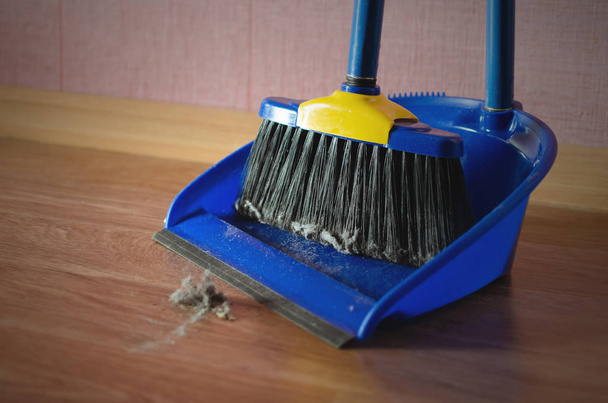 El polvo en el suelo de la casa y el cepillo de piso con el fondo del basurero. concepto de limpieza del hogar
. - Foto, imagen