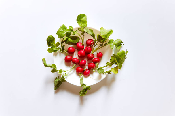 Radishes grouped in a white plate viewed from above. Flat lay white background, studio. - Foto, Imagem