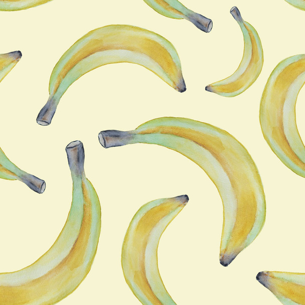 Seamless watercolor banana pattern isolated on yellow background - Foto, Imagen