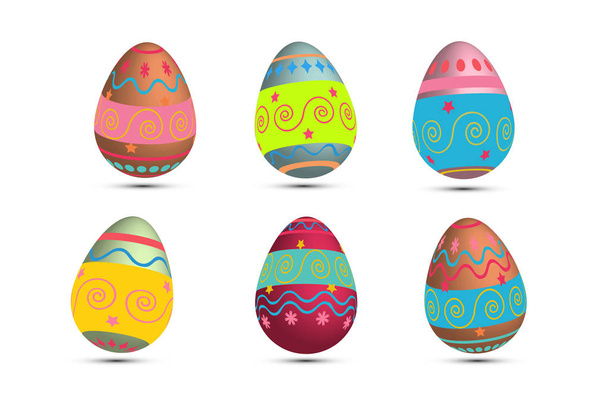 Set of easter eggs colored with metallic paint in differen patterns. Various striped and dotted designs. - Διάνυσμα, εικόνα