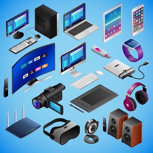 Realistic digital devices in isometry on blue background. Big vector set. - Vector, Image