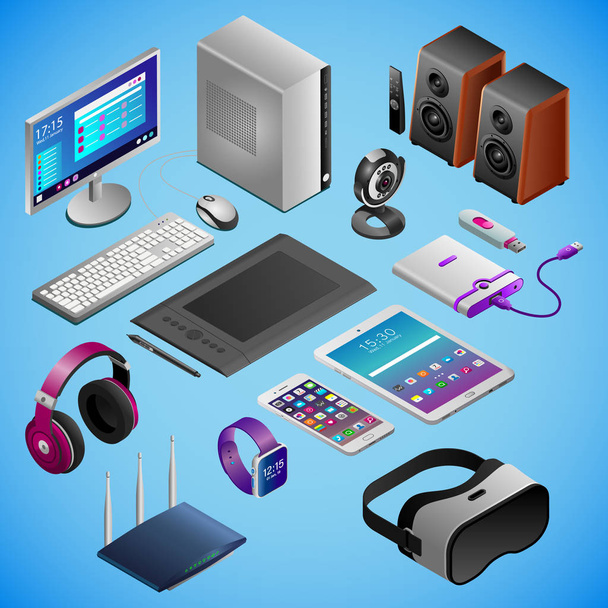 PC desktop e gadgets digitais em isometria
 - Vetor, Imagem