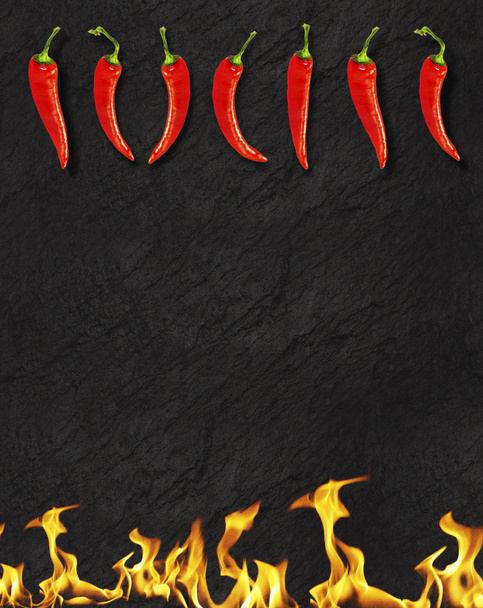 Red hot chili pepper on black background with flame, illustration - Photo, Image