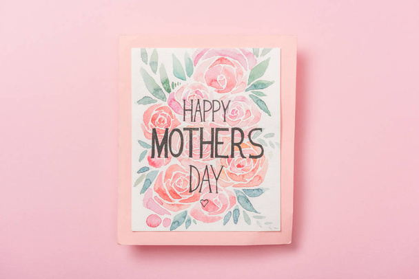 happy mothers day greeting card with flowers on pink background - Photo, Image