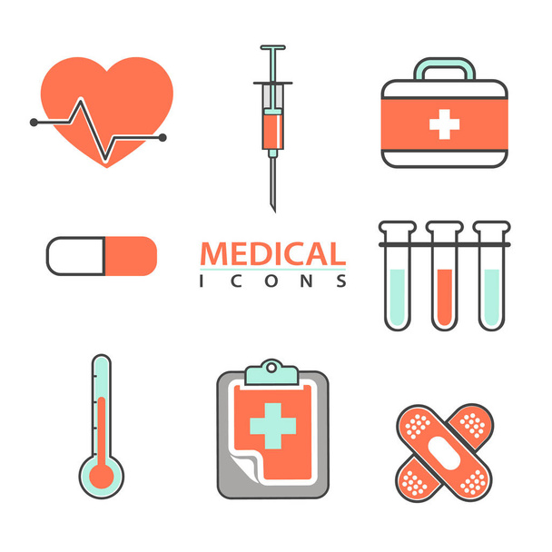 Flat medical icons concept set of medical supplies, healthcare diagnosis and treatment, laboratory tests, medicines and equipment. Vector concept for graphic and web design. - Vektor, kép