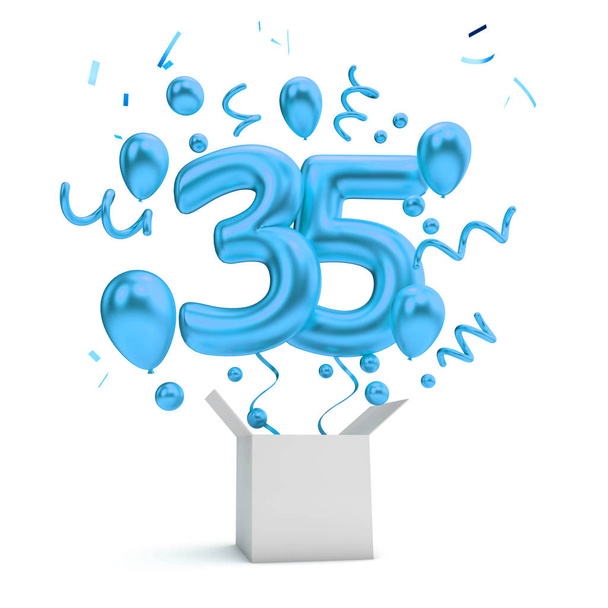Happy 35th birthday blue surprise balloon and box. 3D Rendering - Photo, Image