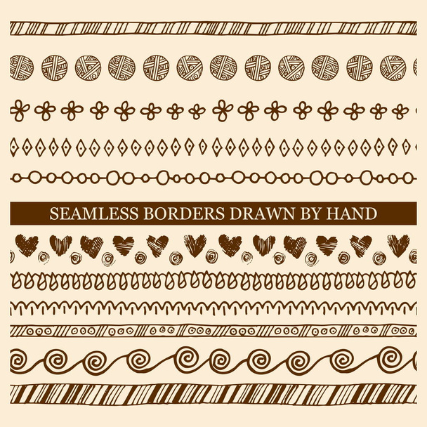 Vector set of hand drawn seamless borders made with ink. Freehand textures for fabric, polygraphy, web design. - Vector, Image