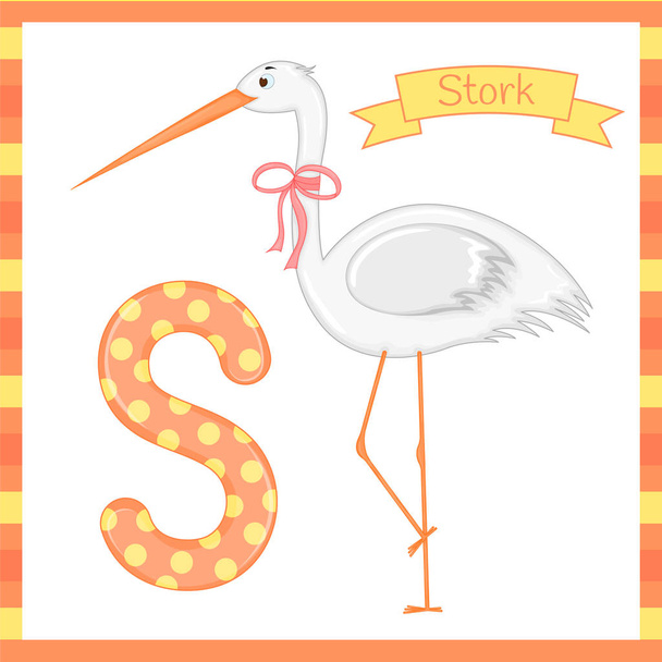 Animal Alphabet. S is for Stork. Vector Illustration of a Happy Stork . Cute Cartoon Isolated - Vecteur, image