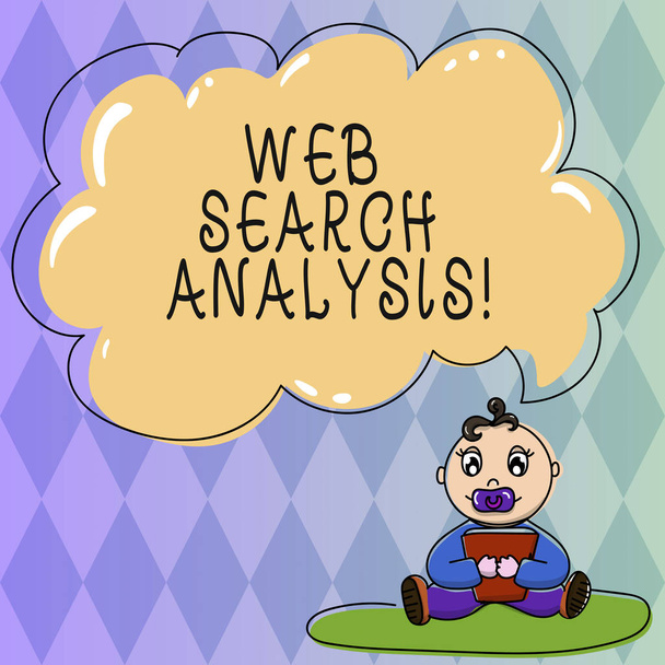 Text sign showing Web Search Analysis. Conceptual photo investigate particular interactions among sites searcher Baby Sitting on Rug with Pacifier Book and Blank Color Cloud Speech Bubble. - Photo, Image