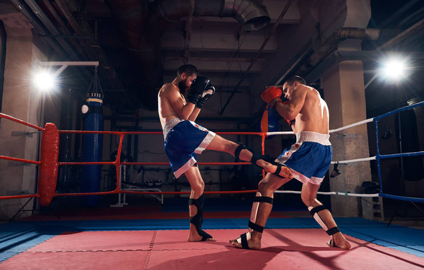 Két fiatal sportolók kickboxers, kick-box sport club gyűrű képzés - Fotó, kép