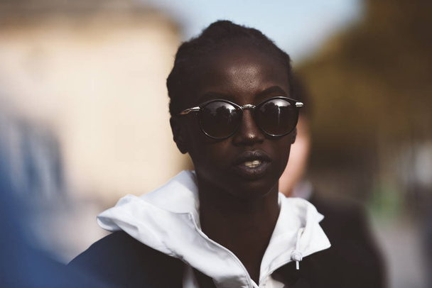 September 30, 2018: Paris, France - Young model posing after a fashion show during Paris Fashion Week  - PFWSS19 - Фото, изображение