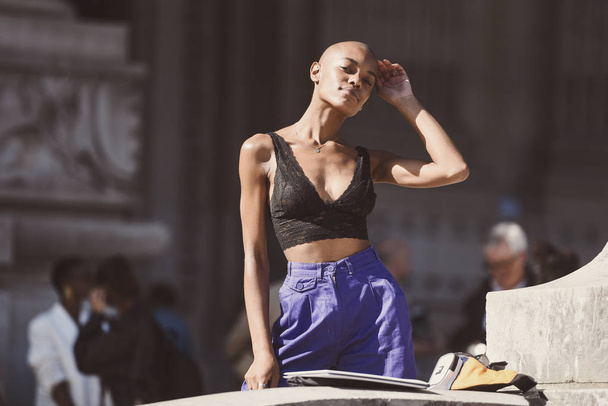 September 27, 2018: Paris, France - Fashion model posing after a show during Paris Fashion Week  - PFWSS19 - Фото, изображение