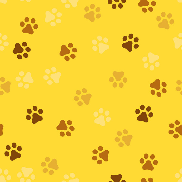 Köpek pençe Dikişsiz desen vektör ayak izi yavru kedi köpek yavrusu döşeme sarı arka plan tekrar duvar kağıdı izole karikatür çizim beyaz - vektör - Vektör, Görsel