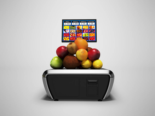 Graustufen für verschiedene Früchte im Supermarkt mit Preisschild 3D-Render auf grauem Hintergrund mit Schatten - Foto, Bild