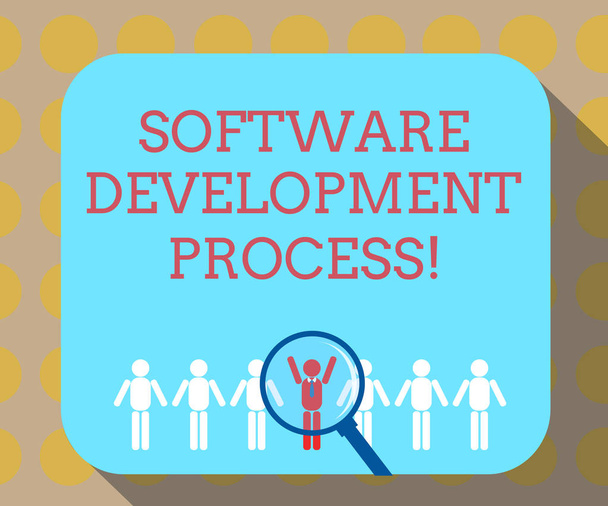Word writing text Software Development Process. Business concept for Process of developing a software product Magnifying Glass Over Chosen Man Figure Among the Hu analysis Dummies Line Up. - Photo, Image