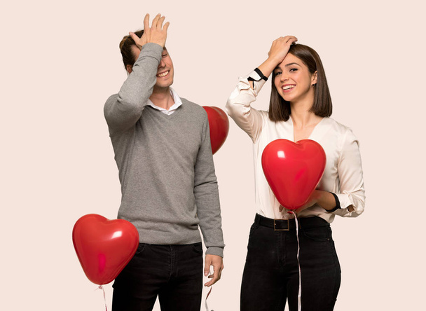 Couple in valentine day has just realized something and has intending the solution over isolated background - Photo, Image
