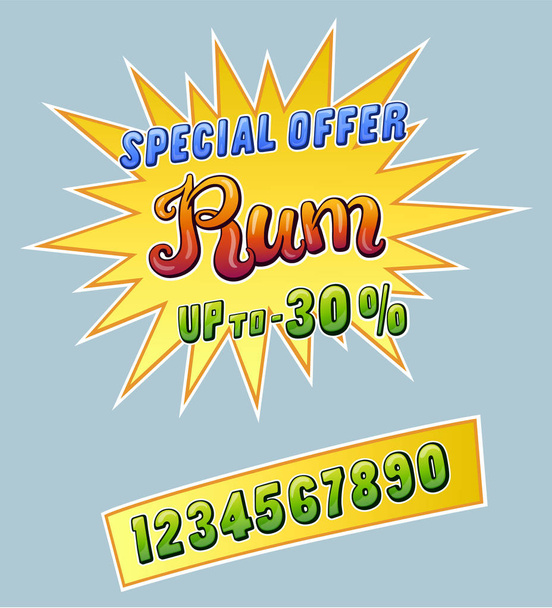 Rum promo sticker for cafe restaurant or store and set of numbers up to. Comic style handwritten lettering. Exclamation for sale. Colorful volume font. Vector typographic pop-art inscription - Vector, Image