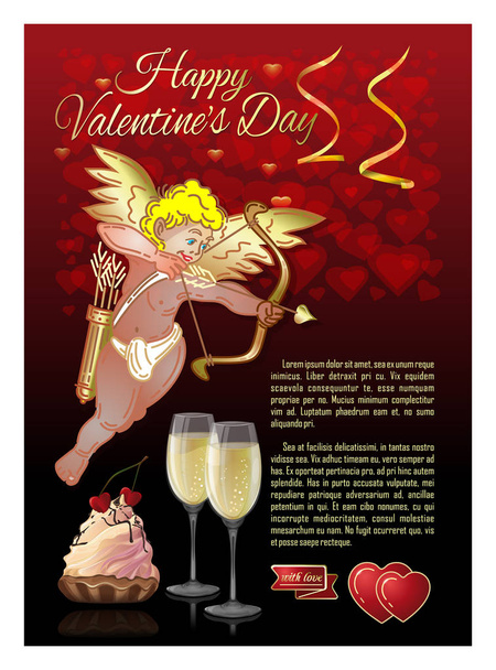 Aşk tanrısı archer için St Sevgililer günü tebrik kartı. Bir kadeh şampanya, aşk tanrısı, pasta ve kutlama bir yazıt ile romantik tasarım. Vektör çizim - Vektör, Görsel