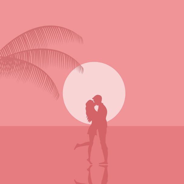 Para zakochanych o zachodzie słońca na plaży na Walentynki - Wektor, obraz