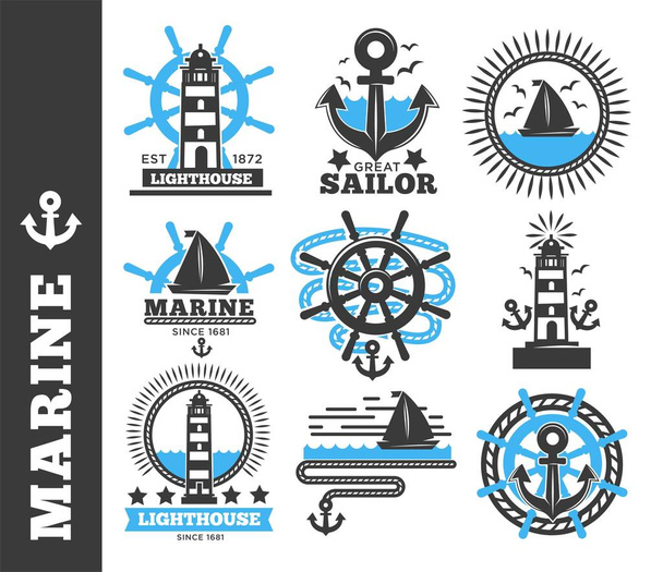 Морські та морські шаблони логотипів або геральдичні символи. Векторні ізольовані значки корабельного якоря, шолома і капітана Спігласа, вітрильного маяка або життєвого буя і вітрильного човна тризуб або морський компас
 - Вектор, зображення