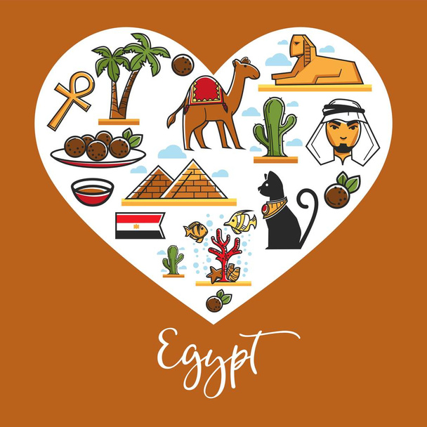 Αίγυπτος χώρα αρχιτεκτονική σύμβολα και σημεία ενδιαφέροντος διάνυσμα Σφίγγα και πυραμίδες της ερήμου και Αιγυπτιακό ή Βεδουίνων πιάτο κεφτέδες και τους κοραλλιογενείς υφάλους με εξωτικά ψάρια φοίνικες και κόπτες Σταυρός μαύρη γάτα και καμήλα. - Διάνυσμα, εικόνα
