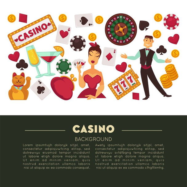 Gambling and casino roulette wheel and poker game vector play cards and chips alcohol cocktails drink and croupier Chinese cat and gold coins and slot machine and purse woman in evening dress. - Вектор,изображение