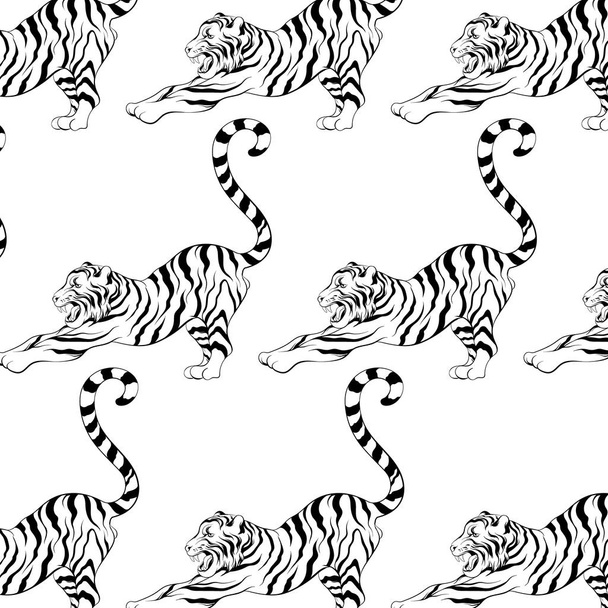 Vector pattern with hand drawn illustration of stretching tiger . Template for card, poster. banner, print for t-shirt, pin, badge, patch. - Vector, Image