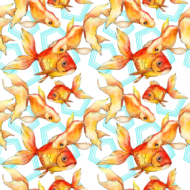 Acuarela acuática peces dorados de colores con figuras geométricas aisladas en el conjunto de ilustración blanca. Patrón de fondo sin costuras. Textura de impresión de papel pintado de tela
. - Foto, Imagen