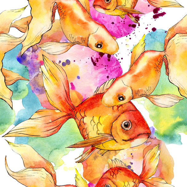 Watercolor aquatic colorful goldfishes with colorful abstract illustration. Seamless background pattern. Fabric wallpaper print texture. - Fotoğraf, Görsel