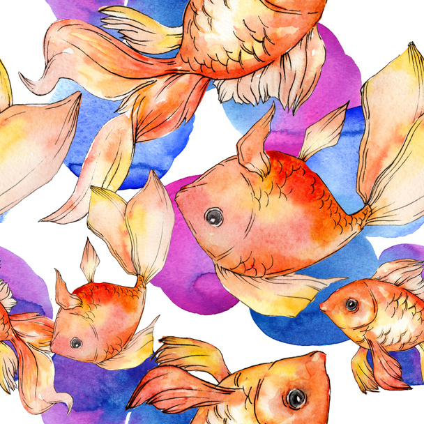 Watercolor aquatic colorful goldfishes with colorful abstract illustration. Seamless background pattern. Fabric wallpaper print texture. - 写真・画像