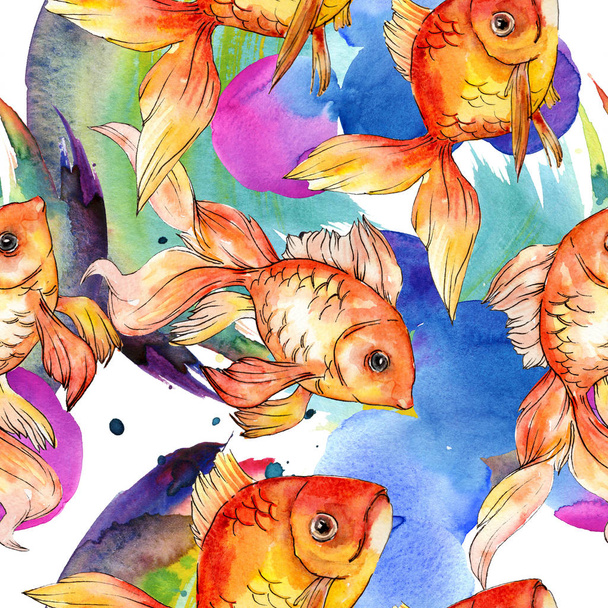 Watercolor aquatic colorful goldfishes with colorful abstract illustration. Seamless background pattern. Fabric wallpaper print texture. - Фото, изображение