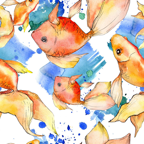 Watercolor aquatic colorful goldfishes with colorful abstract illustration. Seamless background pattern. Fabric wallpaper print texture. - Foto, Imagem