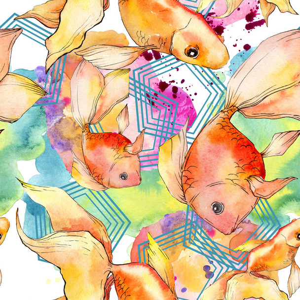 Watercolor aquatic colorful goldfishes with colorful abstract illustration. Seamless background pattern. Fabric wallpaper print texture. - Φωτογραφία, εικόνα