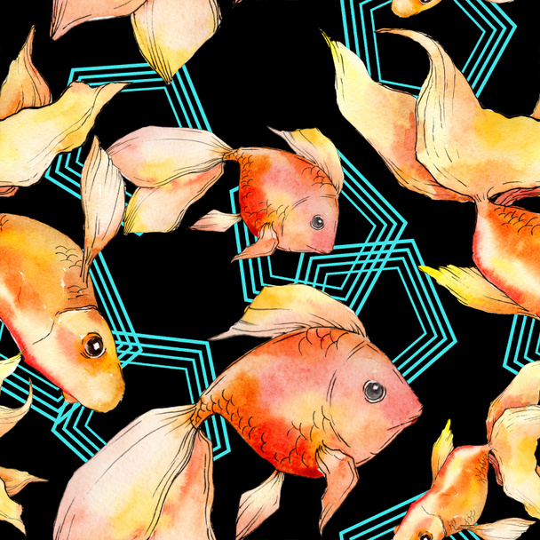 Aquarelle poissons rouges aquatiques colorés isolés sur un ensemble d'illustration noir. Modèle de fond sans couture. Texture d'impression papier peint tissu
. - Photo, image