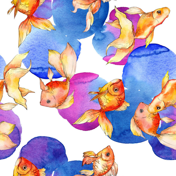 Acuarela acuática coloridos peces de colores con ilustración abstracta de colores. Patrón de fondo sin costuras. Textura de impresión de papel pintado de tela
. - Foto, Imagen