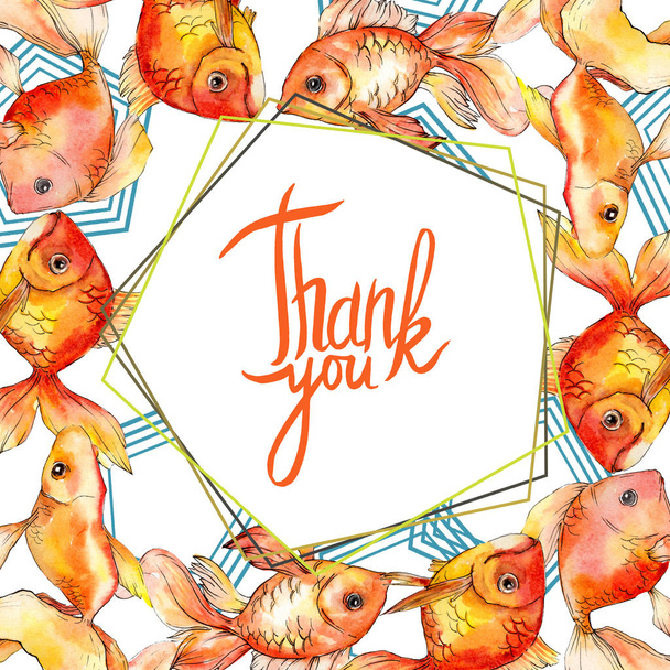Watercolor aquatic colorful goldfishes illustration isolated on white. Frame border ornament with thank you lettering. - Photo, Image