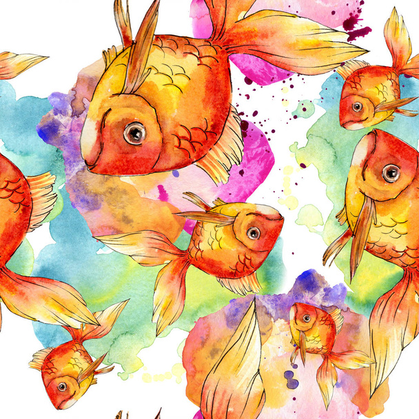 Aquarel aquatische kleurrijke goldfishes met kleurrijke abstracte illustratie. Naadloze achtergrondpatroon. Structuur behang print textuur. - Foto, afbeelding