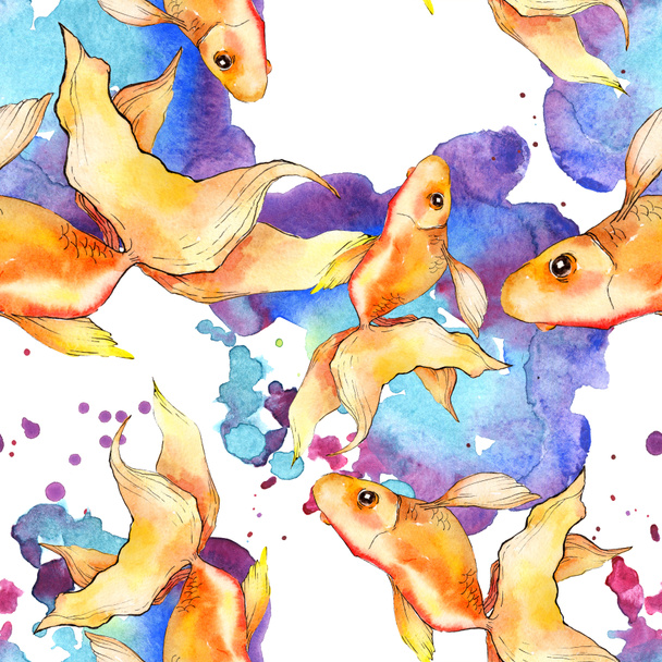 Watercolor aquatic colorful goldfishes with colorful abstract illustration. Seamless background pattern. Fabric wallpaper print texture. - Valokuva, kuva