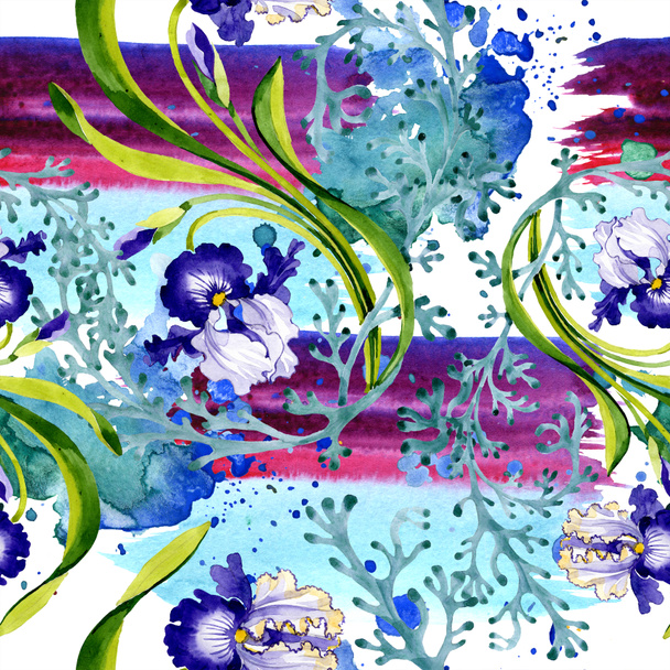 Blauwe iris floral botanische bloem. Wild voorjaar blad geïsoleerd. Aquarel illustratie set. Aquarel tekenen mode aquarelle. Naadloze achtergrondpatroon. Structuur behang print textuur. - Foto, afbeelding