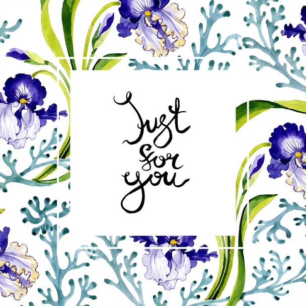 Blue iris floral botanical flower. Wild spring leaf wildflower isolated. Watercolor background illustration set. Watercolour drawing fashion aquarelle. Frame border ornament square. - Foto, Imagem