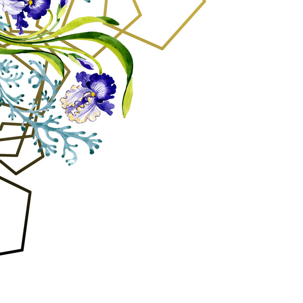 Flor botánica floral de iris azul. Flor silvestre de hoja de primavera aislada. Conjunto de ilustración de fondo acuarela. Acuarela dibujo moda aquarelle. Marco borde ornamento cuadrado
. - Foto, Imagen